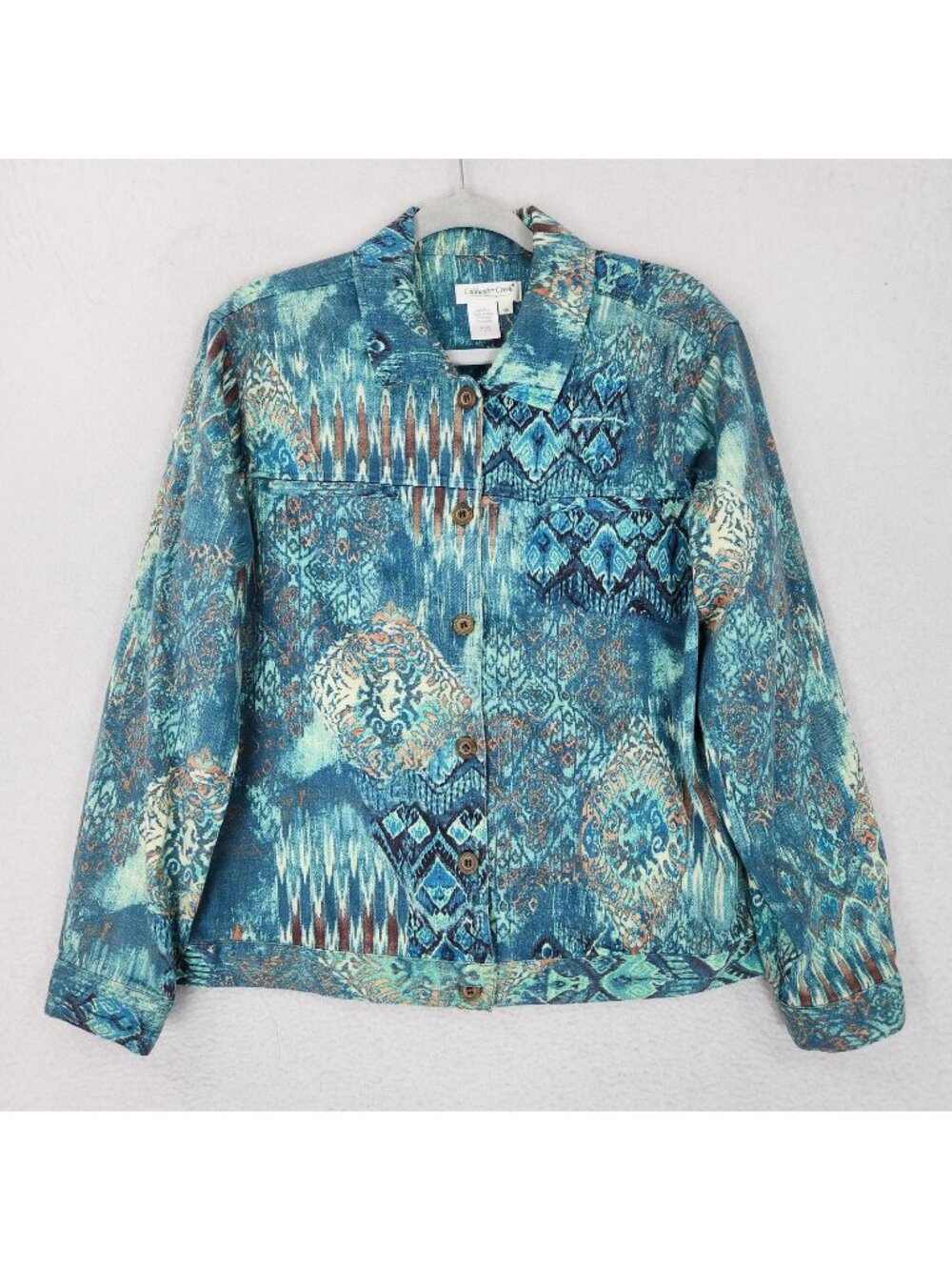 Coldwater Creek Jacket Womens 1X Blue Printed Button Front Stretch Twill Casual